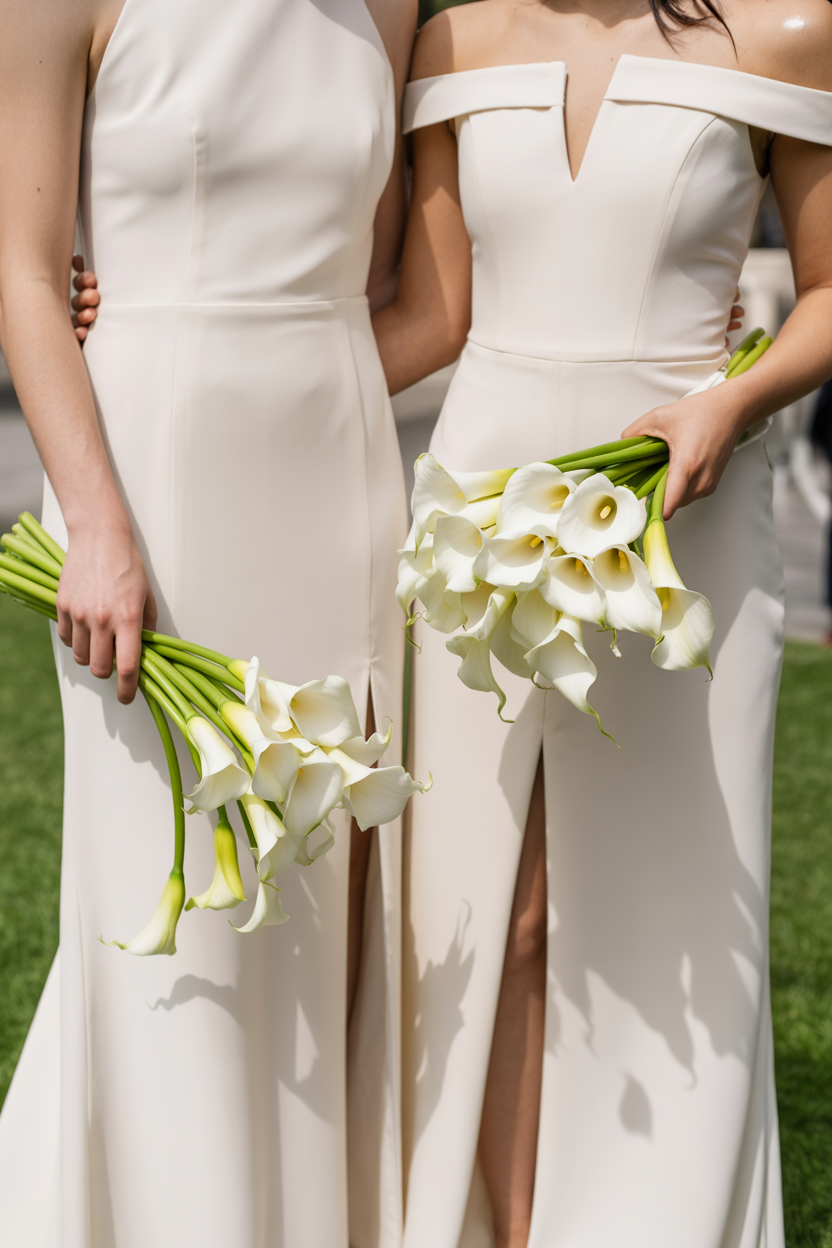Two bridesmaids in white dresses with architectural necklines holding loose white calla lily bouquets on grass