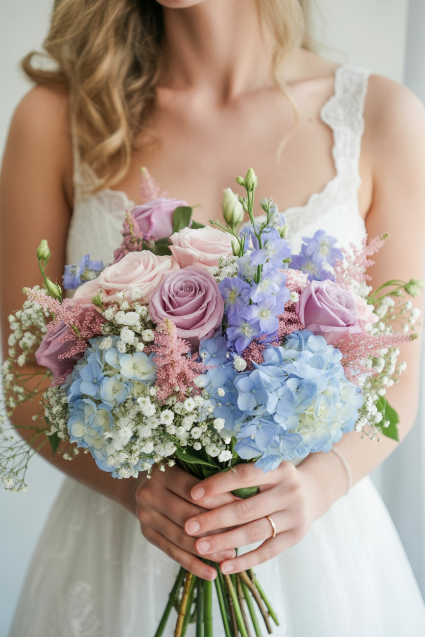 Bride holding romantic bouquet with blue hydrangea, lavender roses, pink astilbe, and baby's breath