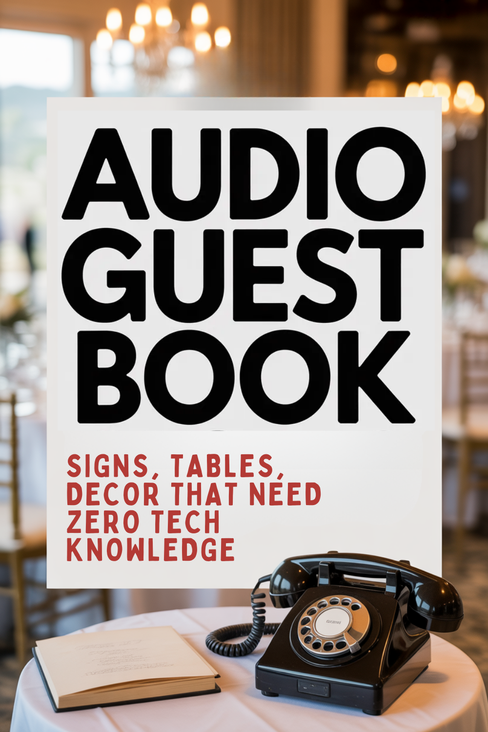 A table with a black rotary phone, guestbook, and pen in a decorated event space. Text reads: "Audio Guest Book: Capture voice memories with signs, tables, and decor that need zero tech knowledge.
