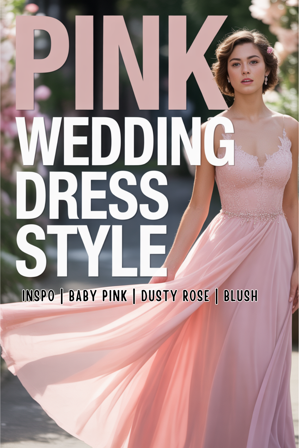 Woman in a flowing pink wedding dress stands outdoors, surrounded by flowers. Large text reads "Pink Wedding Dress Style" with smaller text listing pink shade options—perfect inspiration for non traditional wedding dresses and modern bridal gowns.
