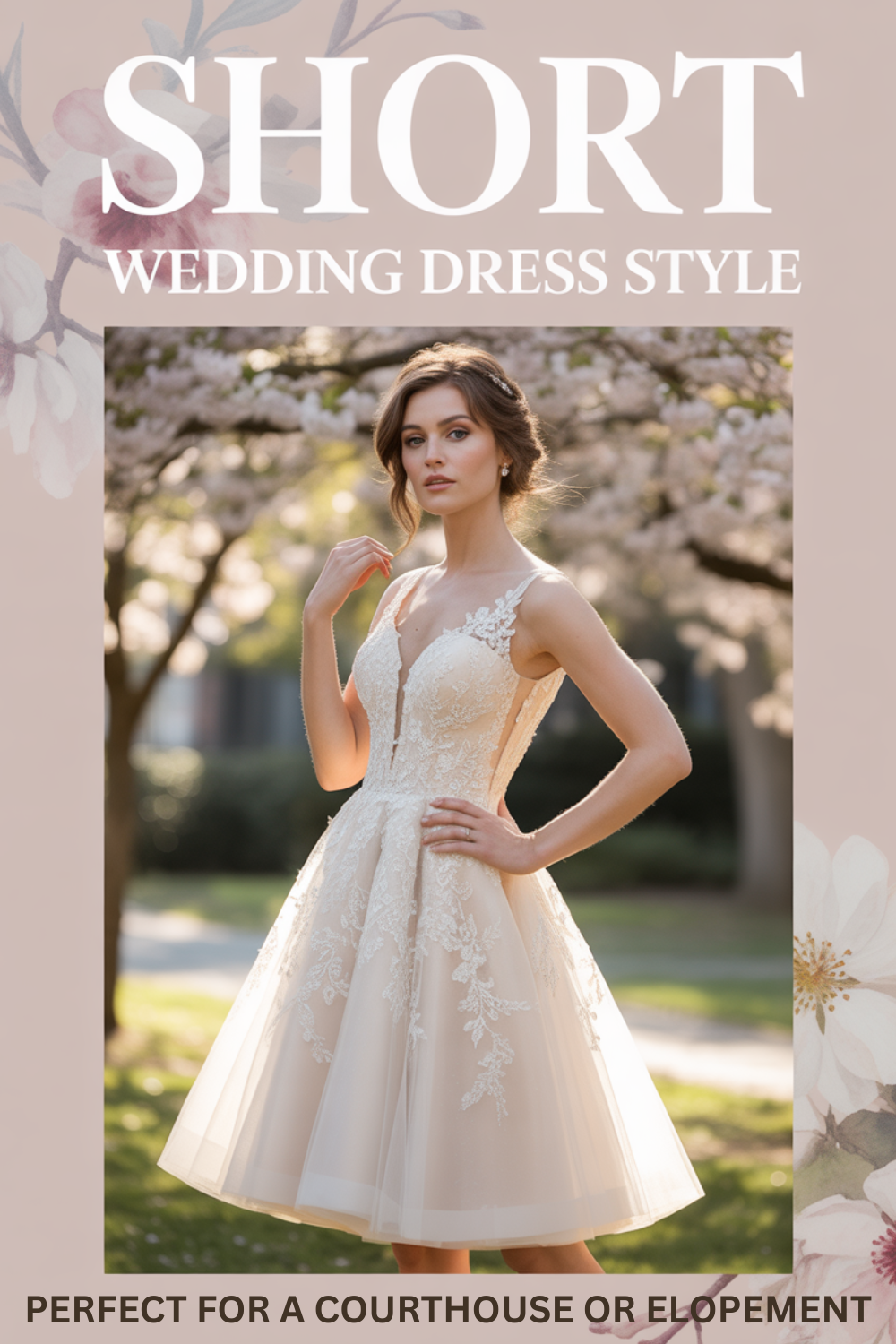 A woman in a short, sleeveless lace wedding dress stands outdoors near blooming trees, with text highlighting how less is more for courthouse weddings or elopements. Perfect for those seeking chic short wedding dresses.