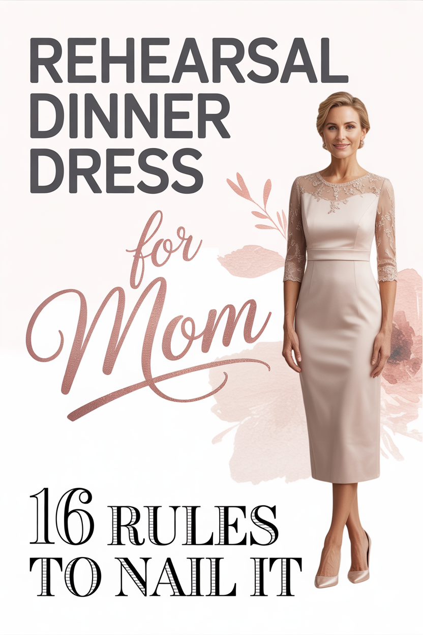 A woman in a knee-length, light-colored rehearsal dinner dress stands beside text reading "Rehearsal Dinner Dress for Mom: 16 rules to nail it," with floral graphics in the background.
