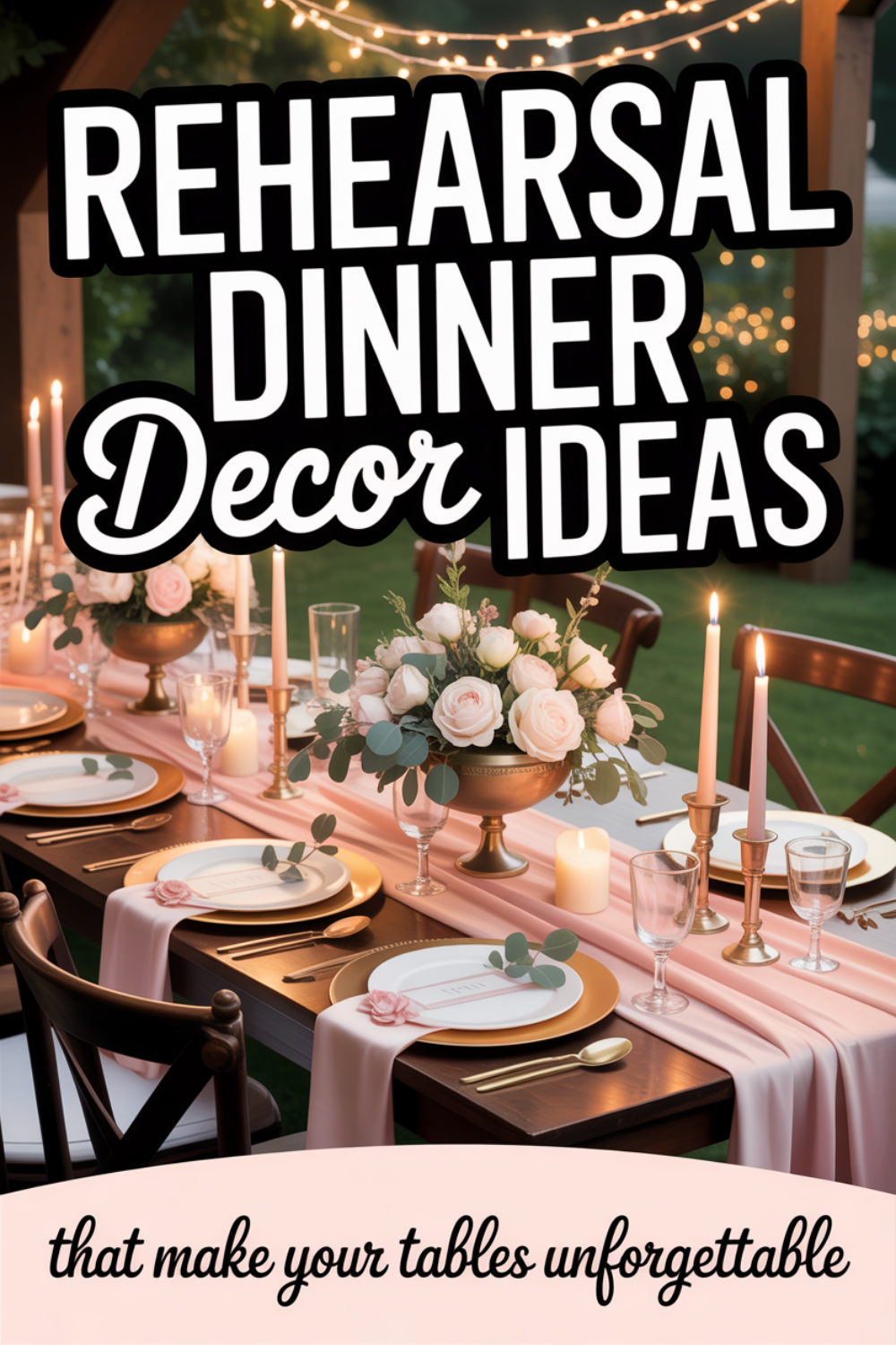 Elegant rehearsal dinner table setup with pink runners, floral centerpieces, candles, gold plates, and string lights—perfect inspiration for unforgettable tables and stress-free night rehearsal dinner ideas.