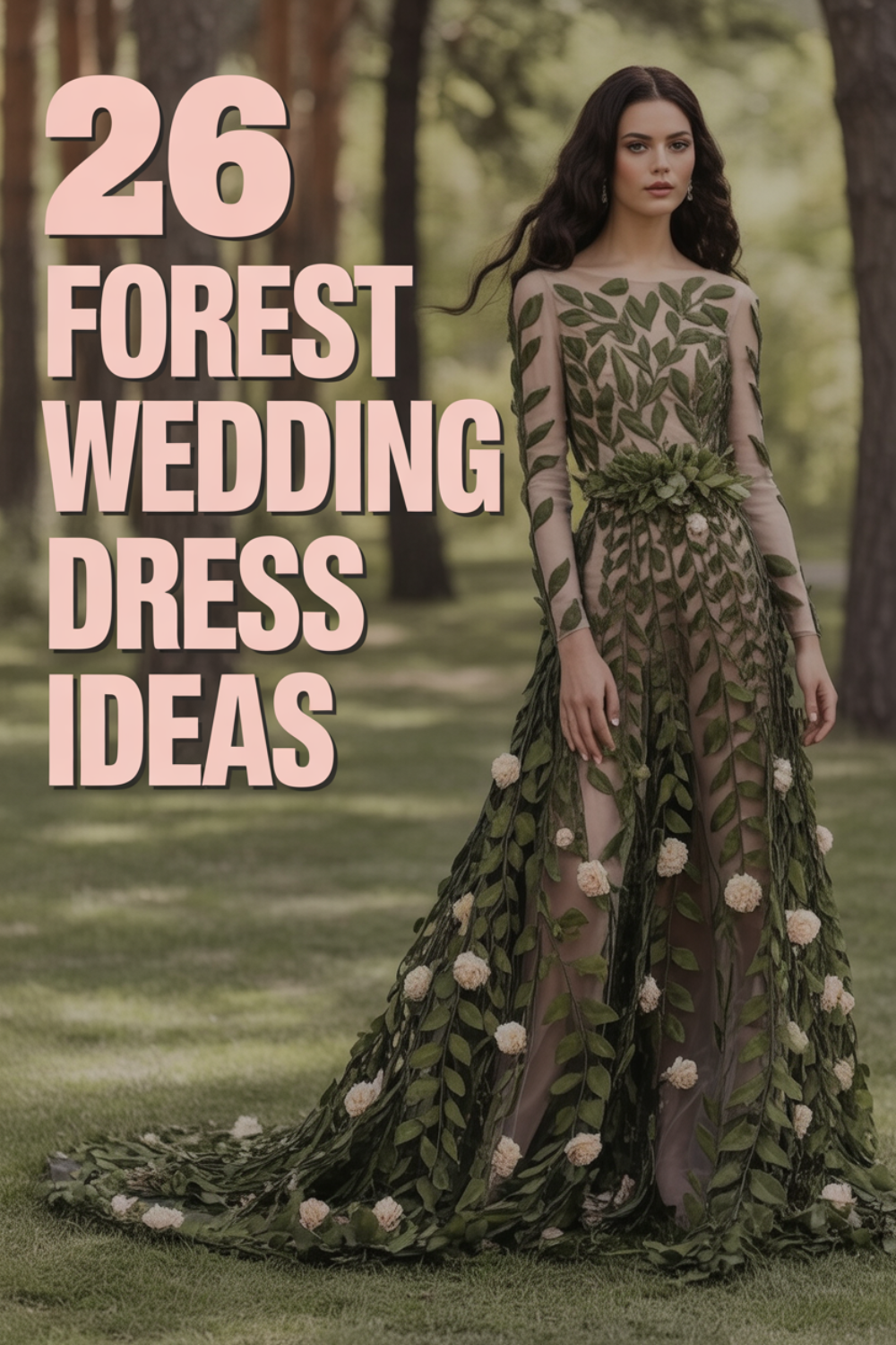 Woman wearing a long green dress with leaf and floral details stands outdoors; text reads "26 Forest Wedding Dress Ideas" featuring enchanting woodland wedding dresses.