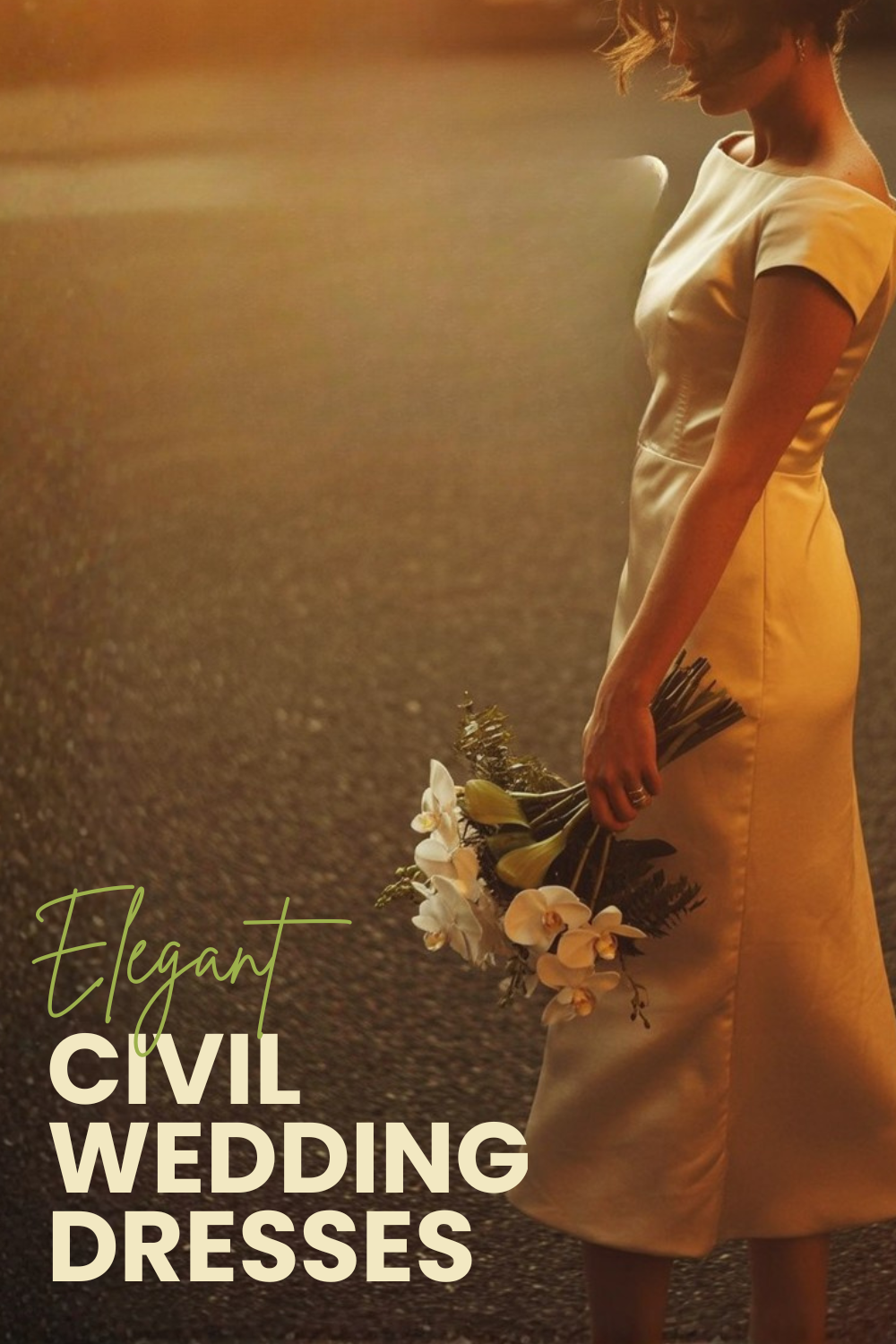 A woman in a simple, elegant cream-colored dress holds a bouquet of white flowers, perfect for courthouse ceremonies, with text reading "Elegant Civil Wedding Dresses.