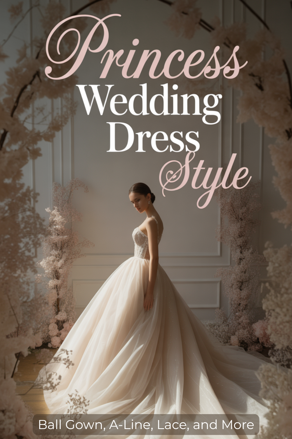 A bride in a voluminous, strapless ball gown dress stands in a softly lit room with floral decorations. Text reads: "Princess wedding dresses—Ball Gown, A-Line, Lace, and more bridal gowns for your royal day.