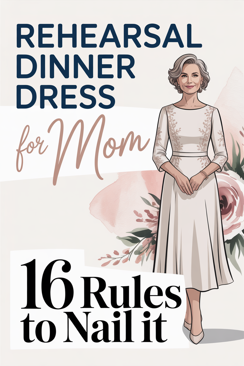 Illustration of a mom in a light-colored rehearsal dinner dress, with text: "Rehearsal Dinner Dress for Mom. 16 Rules to Nail it." Floral design in the background.
