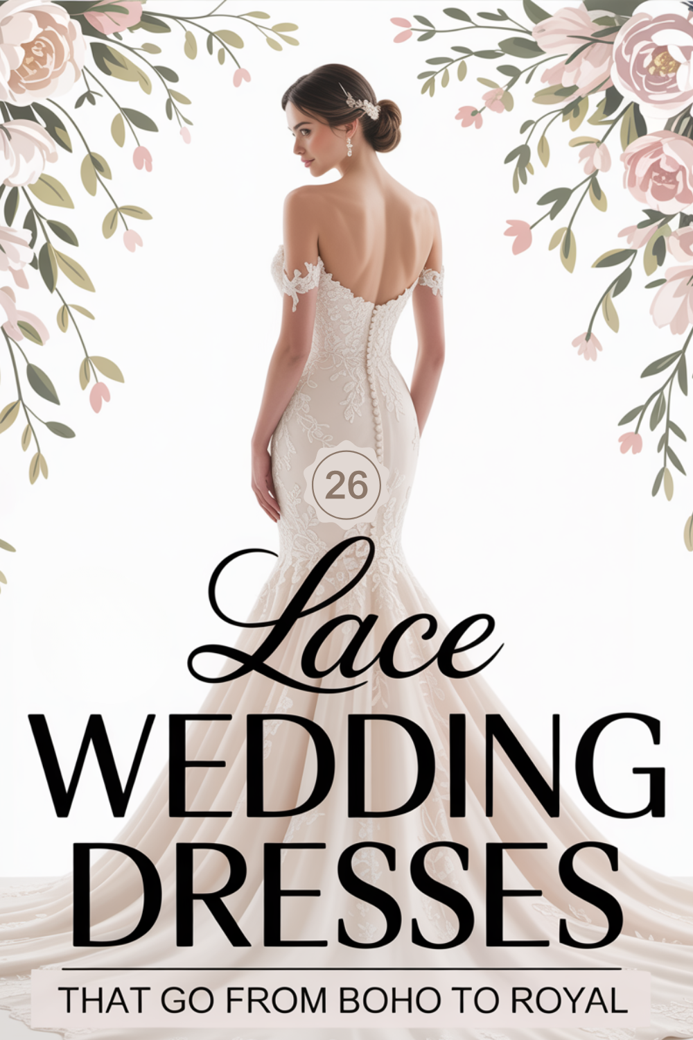 A bride in an off-shoulder lace wedding dress stands with her back to the camera, surrounded by floral illustrations. Text: "26 Timeless Lace Wedding Dresses That Go From Boho to Royal.