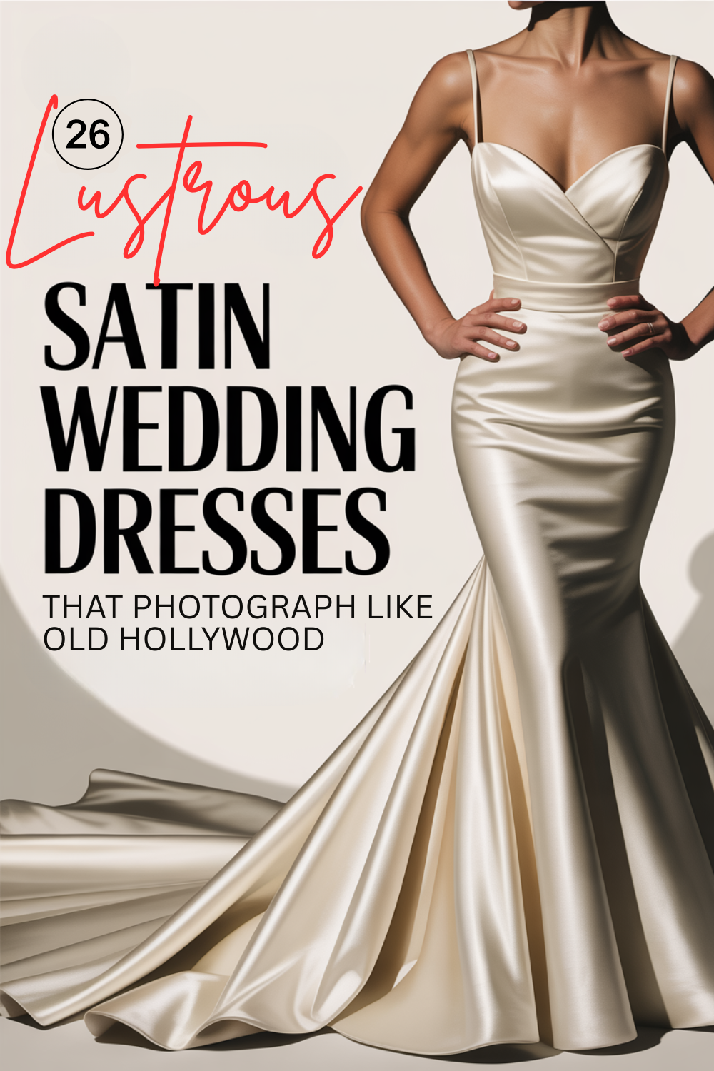 A woman poses in a fitted, lustrous satin wedding gown with thin straps and a long train. Text reads: "26 Satin Wedding Dresses That Photograph Like Old Hollywood—Timeless Brides Will Love Them.