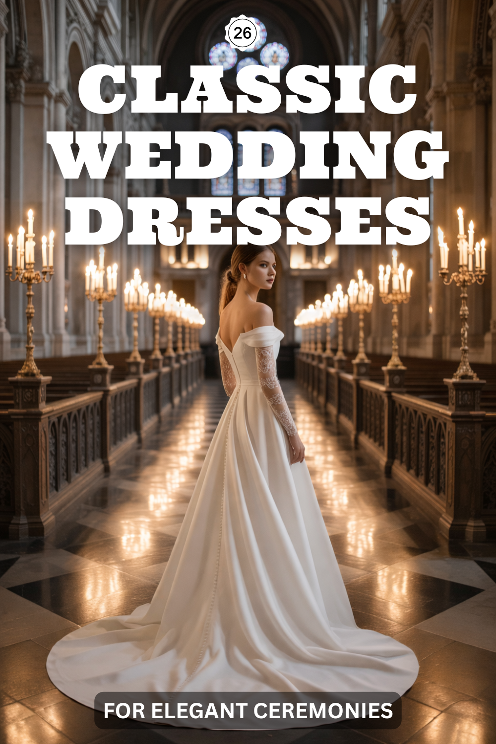 A bride in an off-the-shoulder wedding dress stands in a candlelit church aisle, with "Timeless Wedding Dresses" above her and "For Elegant Ceremonies" below, capturing the beauty of classic wedding dress styles.