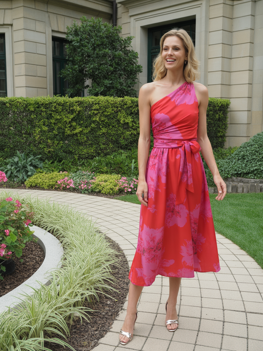 Smiling woman in vibrant red and pink one-shoulder floral midi dress with self-tie sash waist, walking along a brick garden path at a formal estate with manicured hedges and blooming flower beds