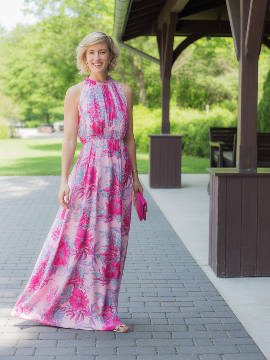 Mature blonde woman in bright pink magenta tropical print halter maxi dress with smocked waist and flowing skirt, holding a matching pink clutch, smiling at an outdoor pavilion with green trees