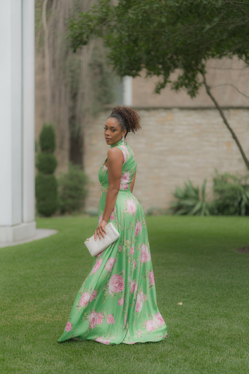 A woman in a green floral dress, perfect for those seeking elegant green wedding guest dresses, stands on grass holding a white clutch and looking over her shoulder. Trees and a building are in the background.