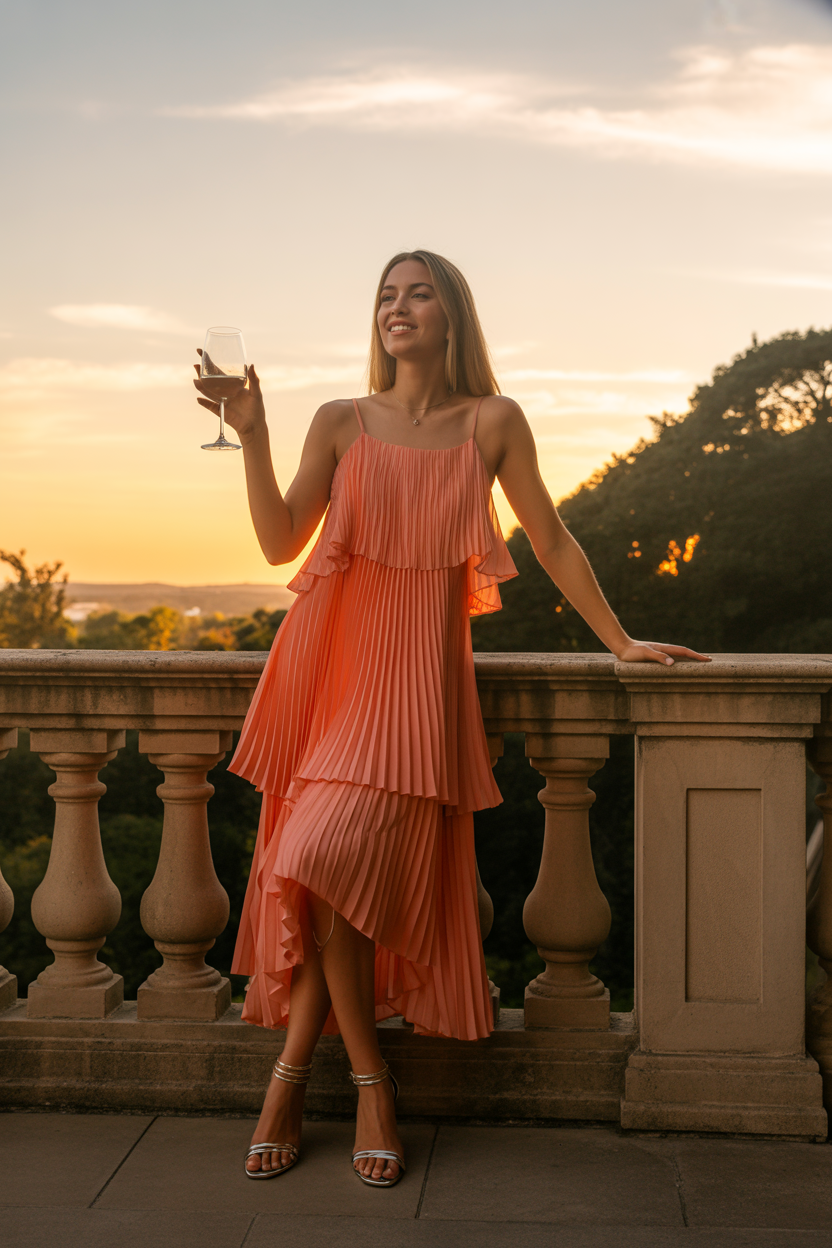 Woman in a pleated coral dress, one of the season’s standout pink wedding guest dresses, stands on a stone balcony at sunset, holding a glass of wine and smiling, with trees and a bright sky in the background.