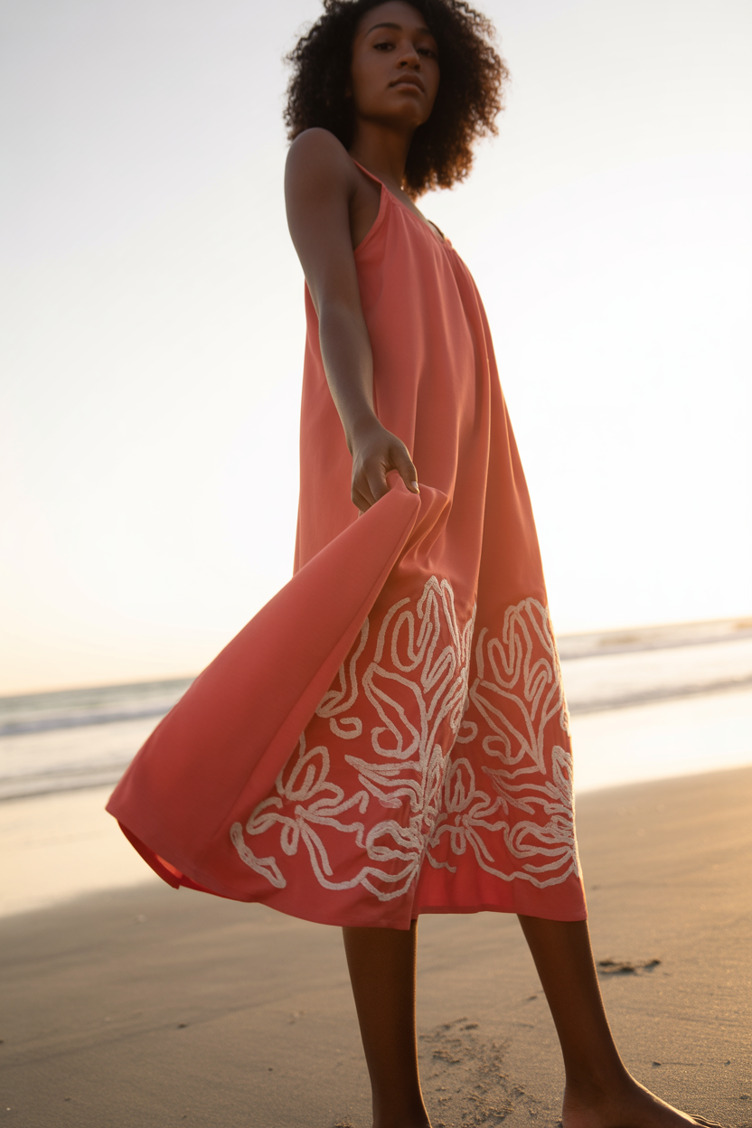 A person in a sleeveless coral dress with white patterns stands barefoot on the beach at sunset, holding one side of the dress—a stunning choice for intentional wedding guest attire.