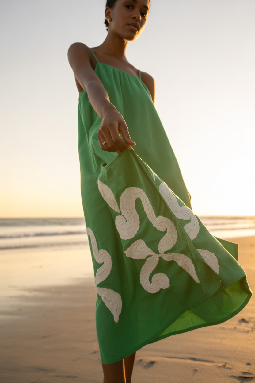 A person wearing a green wedding guest dress with white patterns stands on a beach at sunset, holding the edge of the dress and looking down at the camera.