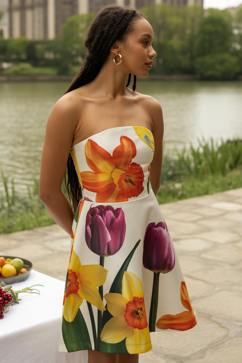 A woman in a strapless white spring wedding guest dress with large, colorful flower prints stands outdoors near a river, with a table of fruit in the background.