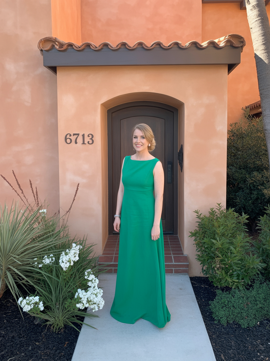 A woman in a long green dress, perfect for wedding guest outfits, stands on a walkway in front of a tan stucco house with the number 6713 beside the door.