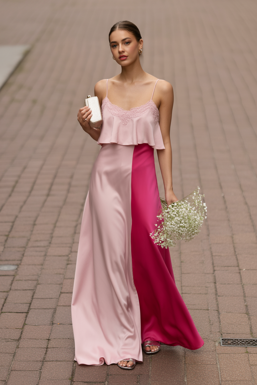A woman in a two-tone pink gown, perfect for intentional wedding guest attire, holds a small white clutch and a bouquet of white flowers while standing on a paved pathway.