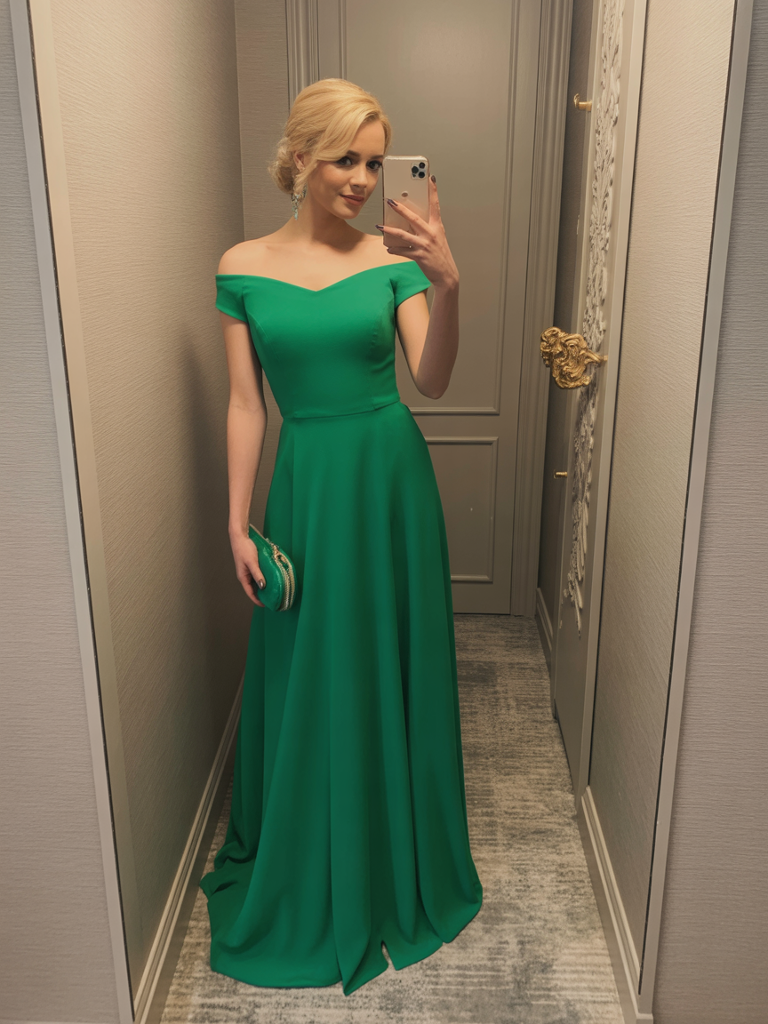 A woman stands in a hallway taking a mirror selfie, wearing an off-the-shoulder, floor-length green dress and holding a small matching clutch.