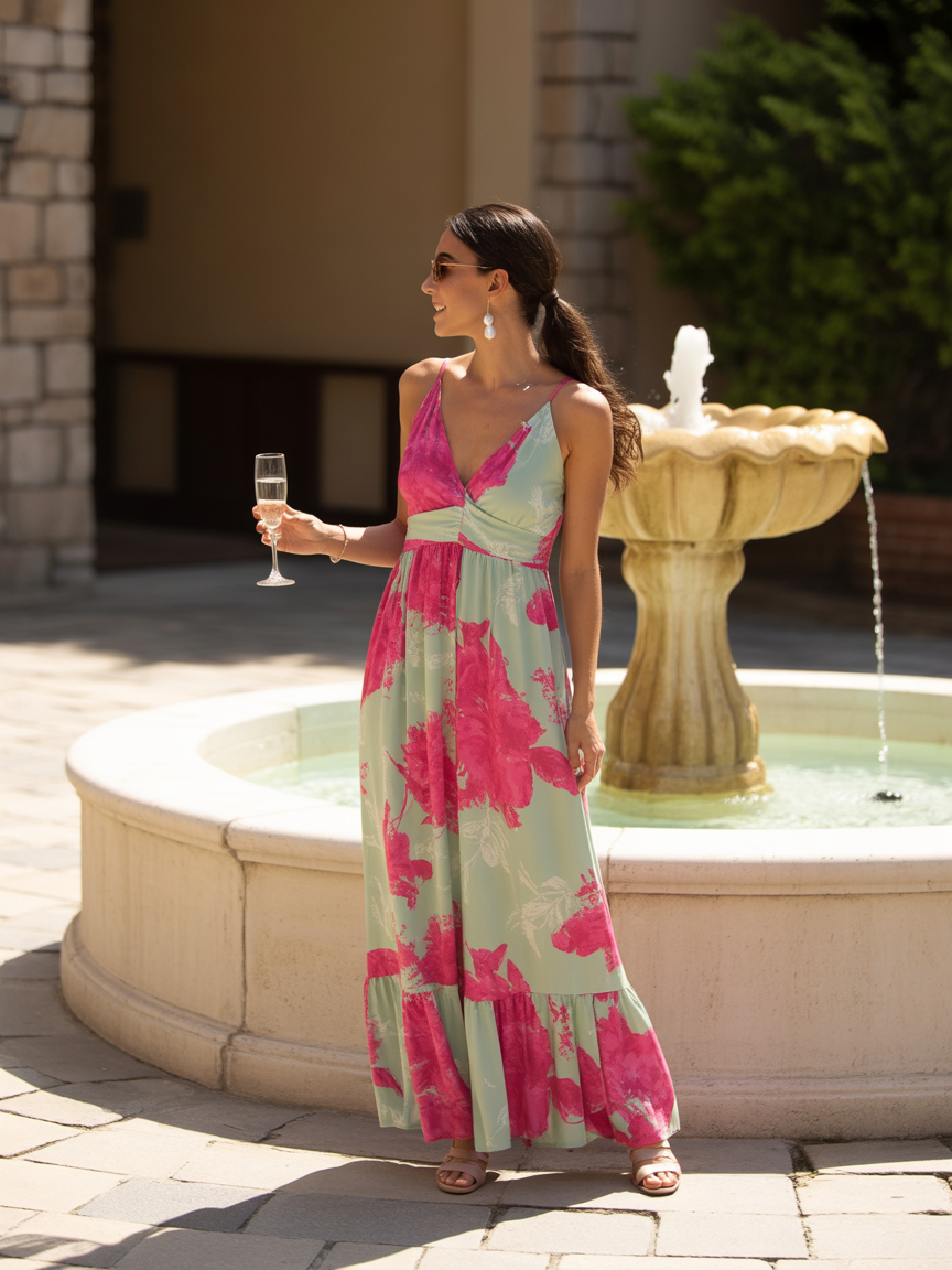 A woman in a floral dress stands by a fountain holding a glass of champagne, showcasing intentional wedding guest outfits as she looks to the side on a sunny day.