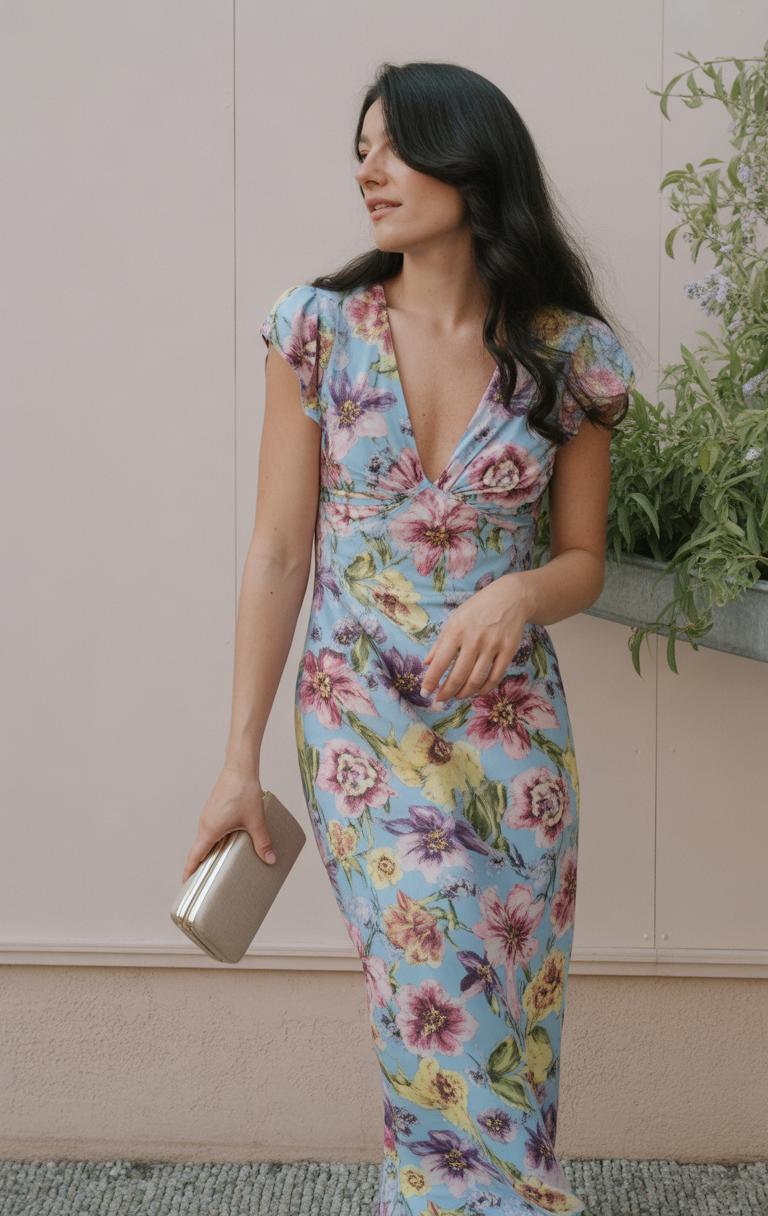 Woman in sky blue floral midi dress with large pink and purple florals, plunging twist V-neck and cap sleeves, holding a gold clutch against a pale pink wall