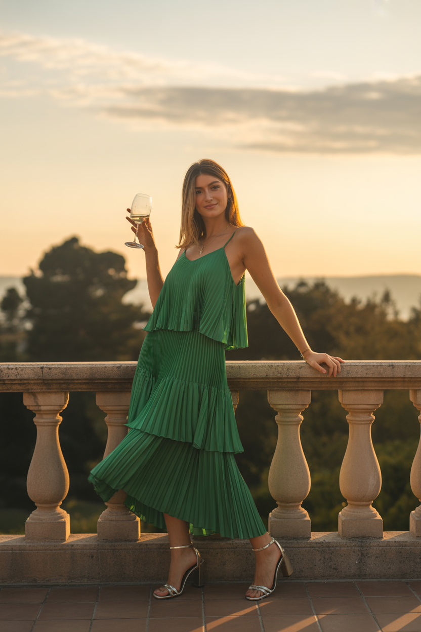 A woman in a green pleated dress stands on a balcony at sunset, holding a glass of white wine—a perfect look for those seeking elegant green wedding guest dresses and silver high-heeled sandals.