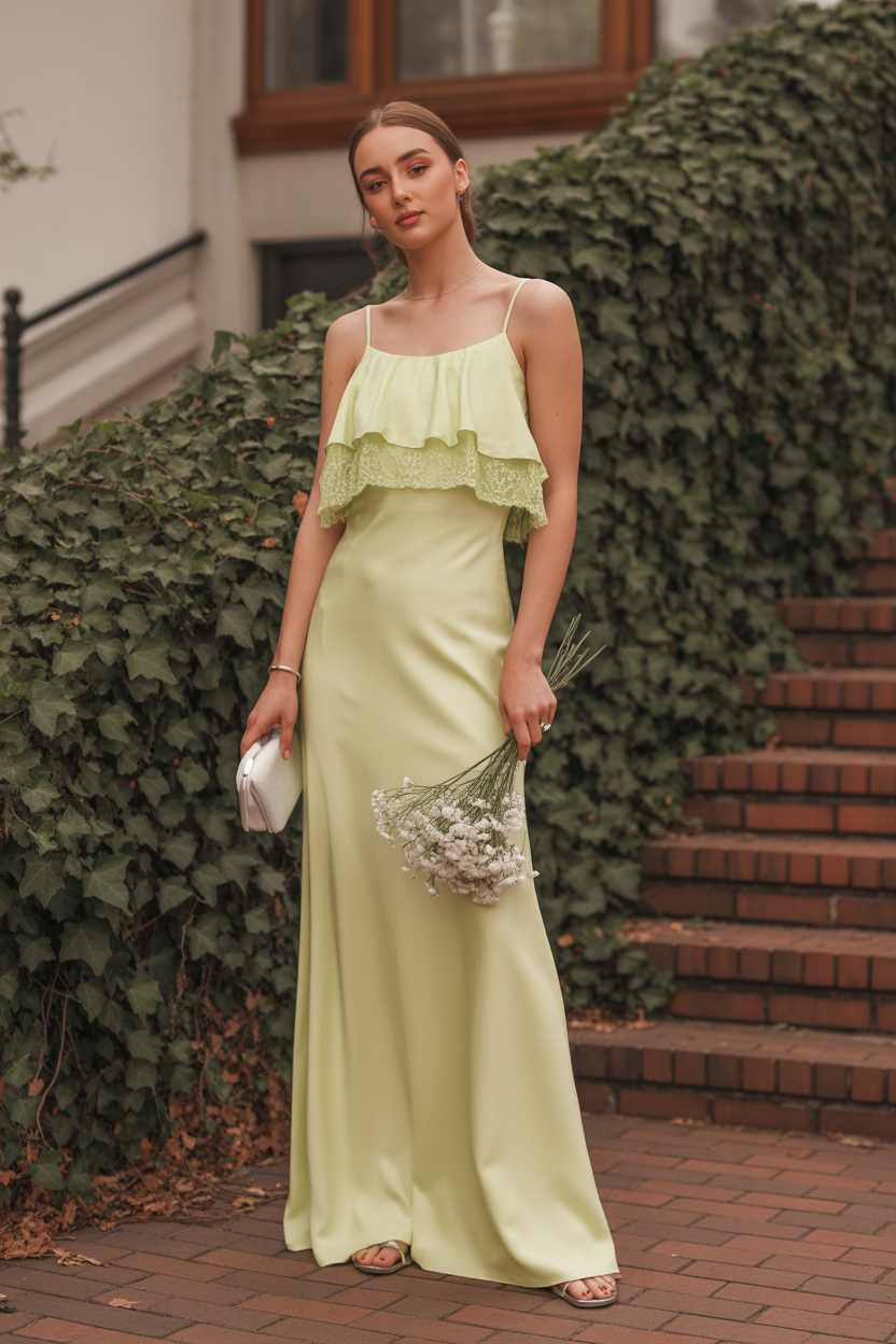 A woman in a light green sleeveless dress, perfect for casual wedding guest attire, holds a bouquet of white flowers and a white clutch while standing on a brick path near ivy-covered stairs.