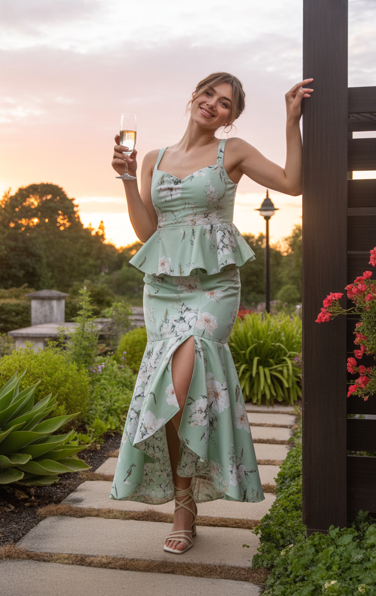 Woman in a pale green floral dress stands on a garden path at sunset, holding a glass of wine and smiling—her look is the perfect spring wedding guest dress, surrounded by greenery and red flowers.