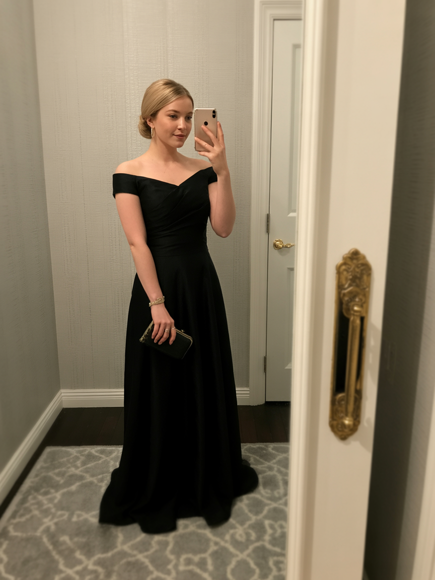 Woman wearing a long, off-the-shoulder black gown stands in a hallway, taking a mirror selfie with her phone and holding a black clutch—an elegant choice for black tie or formal wedding guest dresses.