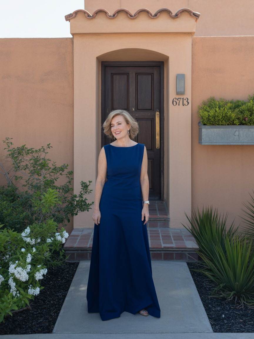Woman in navy blue sleeveless floor-length column gown with boat neckline, standing in front of terracotta Mediterranean home exterior, smiling