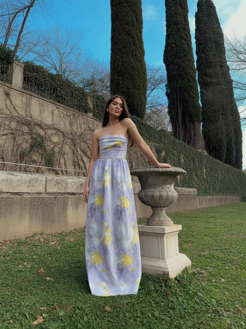 Young woman in lavender strapless A-line gown with yellow floral watercolor print, leaning against a large stone urn in a European garden with tall cypress trees and an ivy-covered stone wall