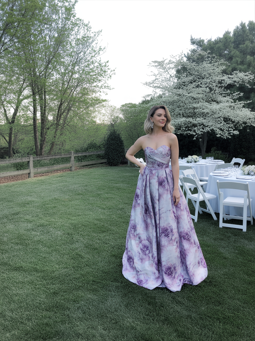 Woman in purple watercolor floral strapless princess ballgown at an outdoor garden wedding reception, with a blooming dogwood tree, white folding chairs, and round reception tables in the background
