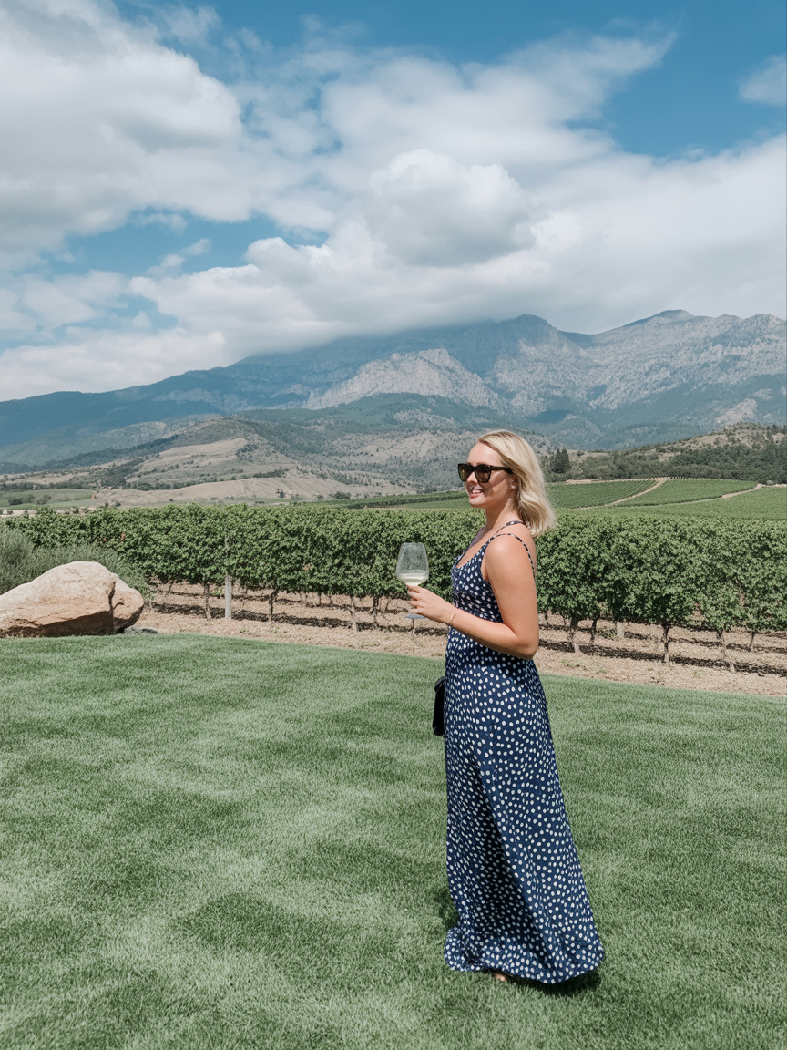 A woman in a blue and white dress stands on grass holding a wine glass, with vineyards and mountains in the background under a partly cloudy sky.