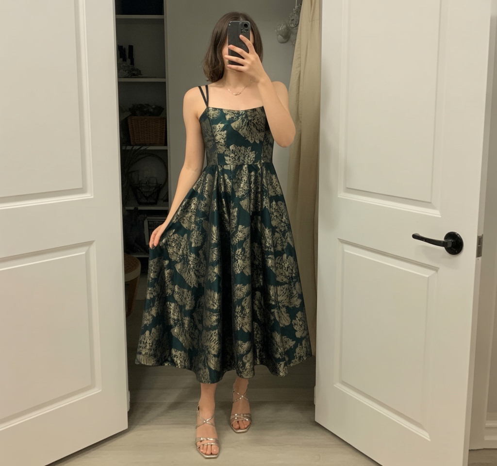 A person stands in front of open white doors, wearing a dark green floral-patterned midi dress and sandals—an elegant choice for wedding guest dresses—while taking a mirror selfie.