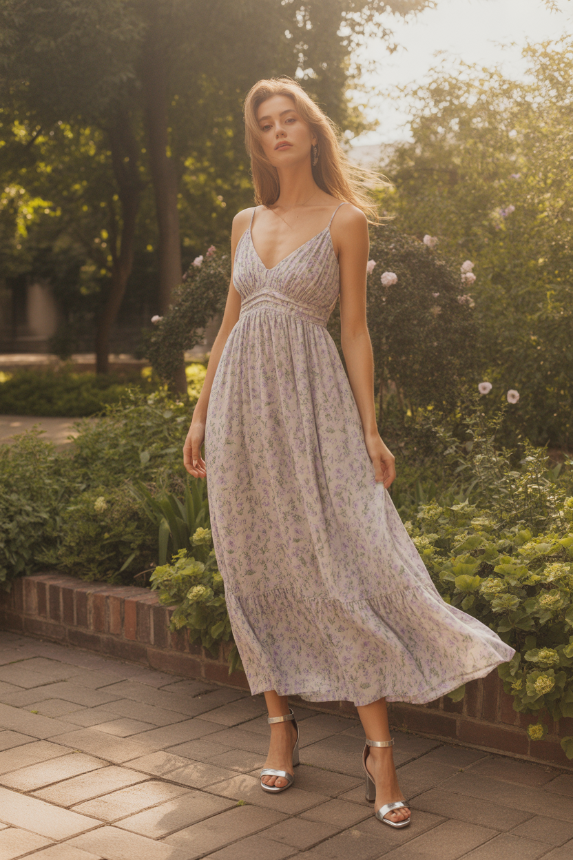 Woman in lavender and silver ditsy-floral chiffon midi dress with V-neck and spaghetti straps, silver sandals, standing in a golden-hour garden with flowering bushes and brick pavers