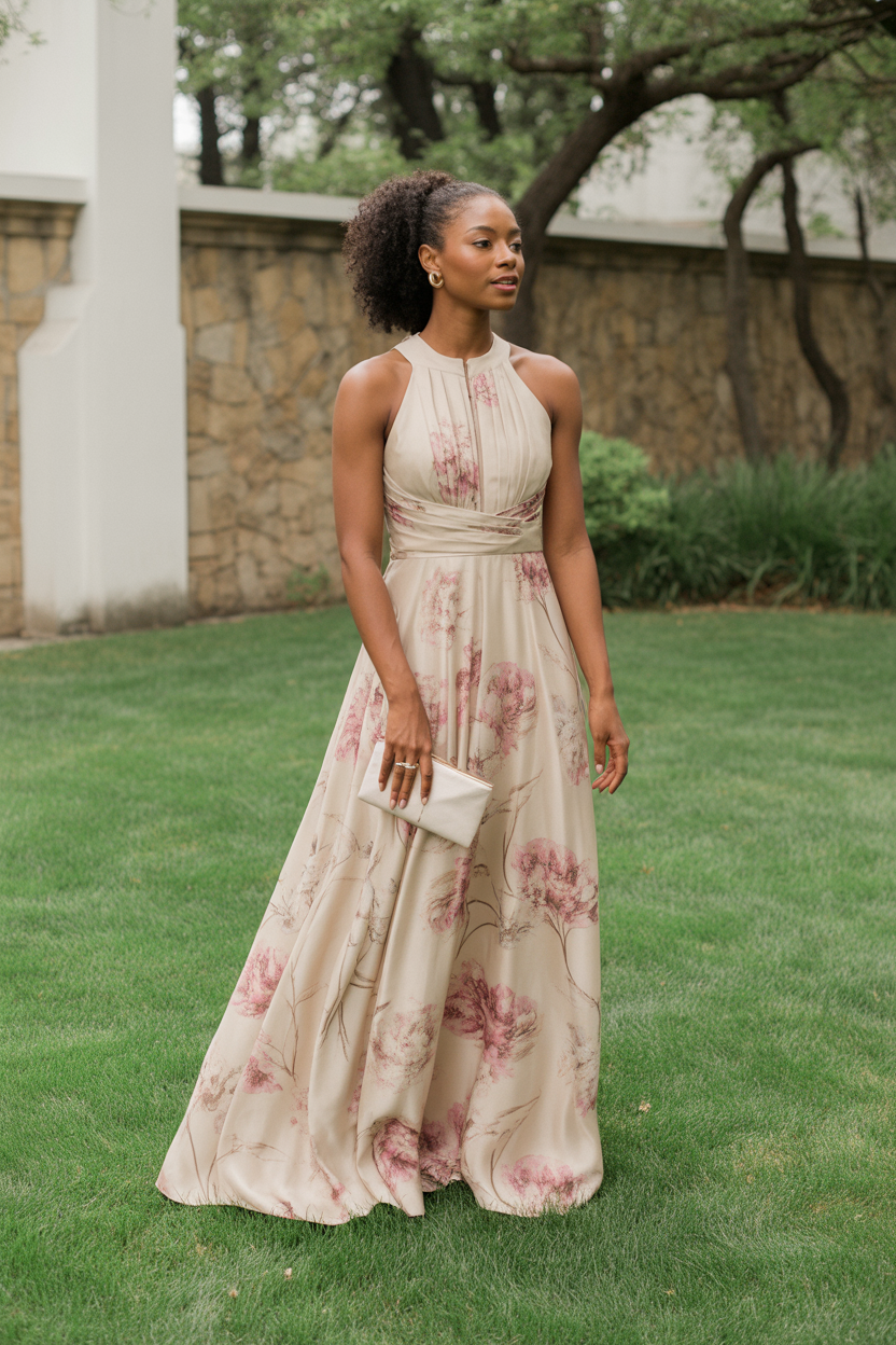 A woman stands on grass wearing a sleeveless, floor-length, cream-colored floral dress—an elegant choice for casual wedding guest attire—while holding a small white clutch. There are trees and a stone wall in the background.