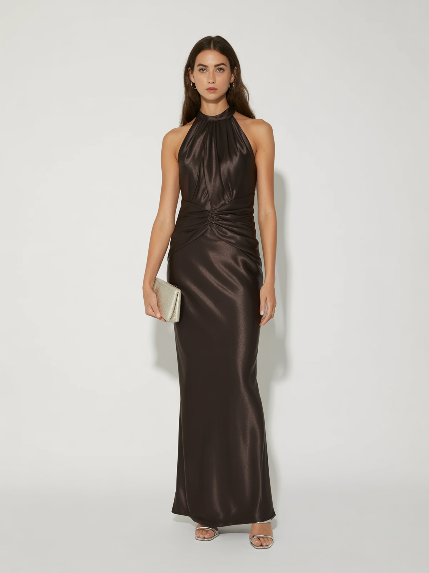 Woman wearing a sleeveless, floor-length dark brown halter dress, ideal for Black Tie Wedding Guest Dresses, holding a small silver clutch and wearing silver heels, standing against a plain light background.