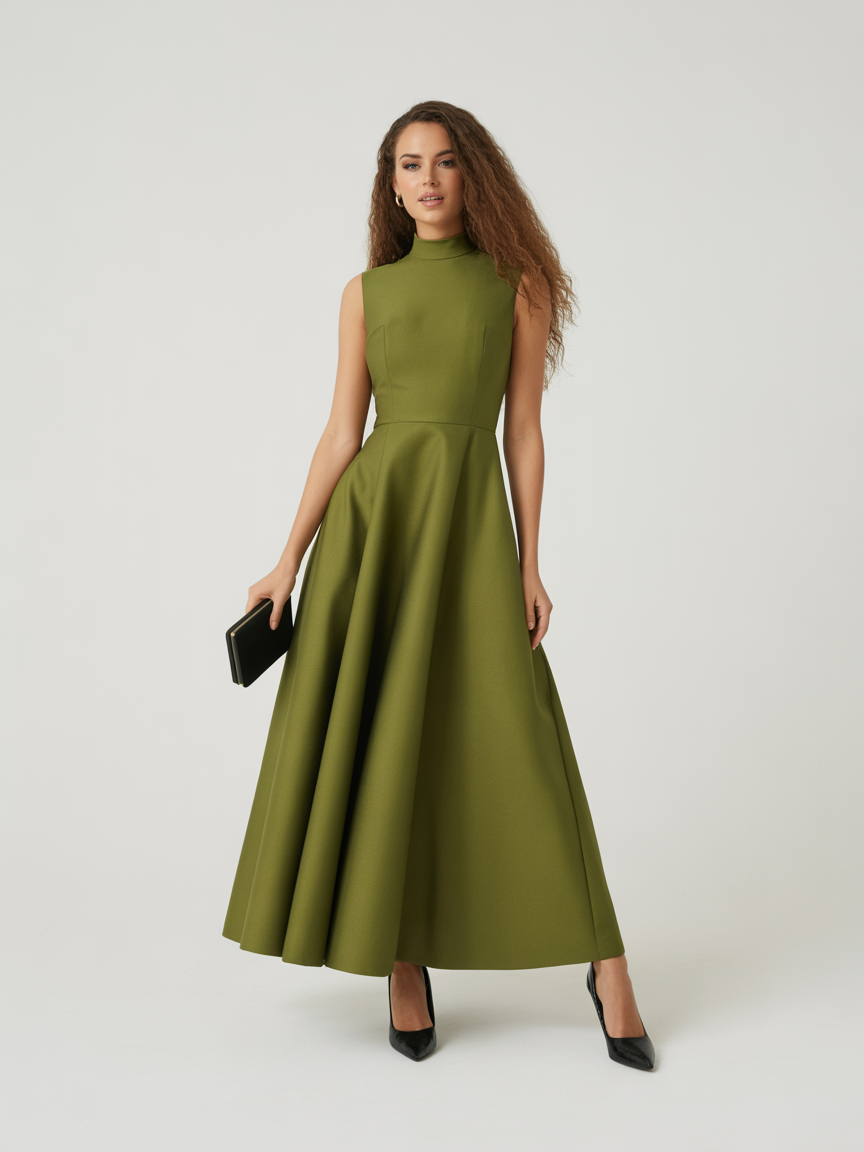 Woman in a sleeveless olive green, high-neck, floor-length dress holding a black clutch and wearing black heels—an elegant choice for summer wedding guest dresses—stands against a plain white background.