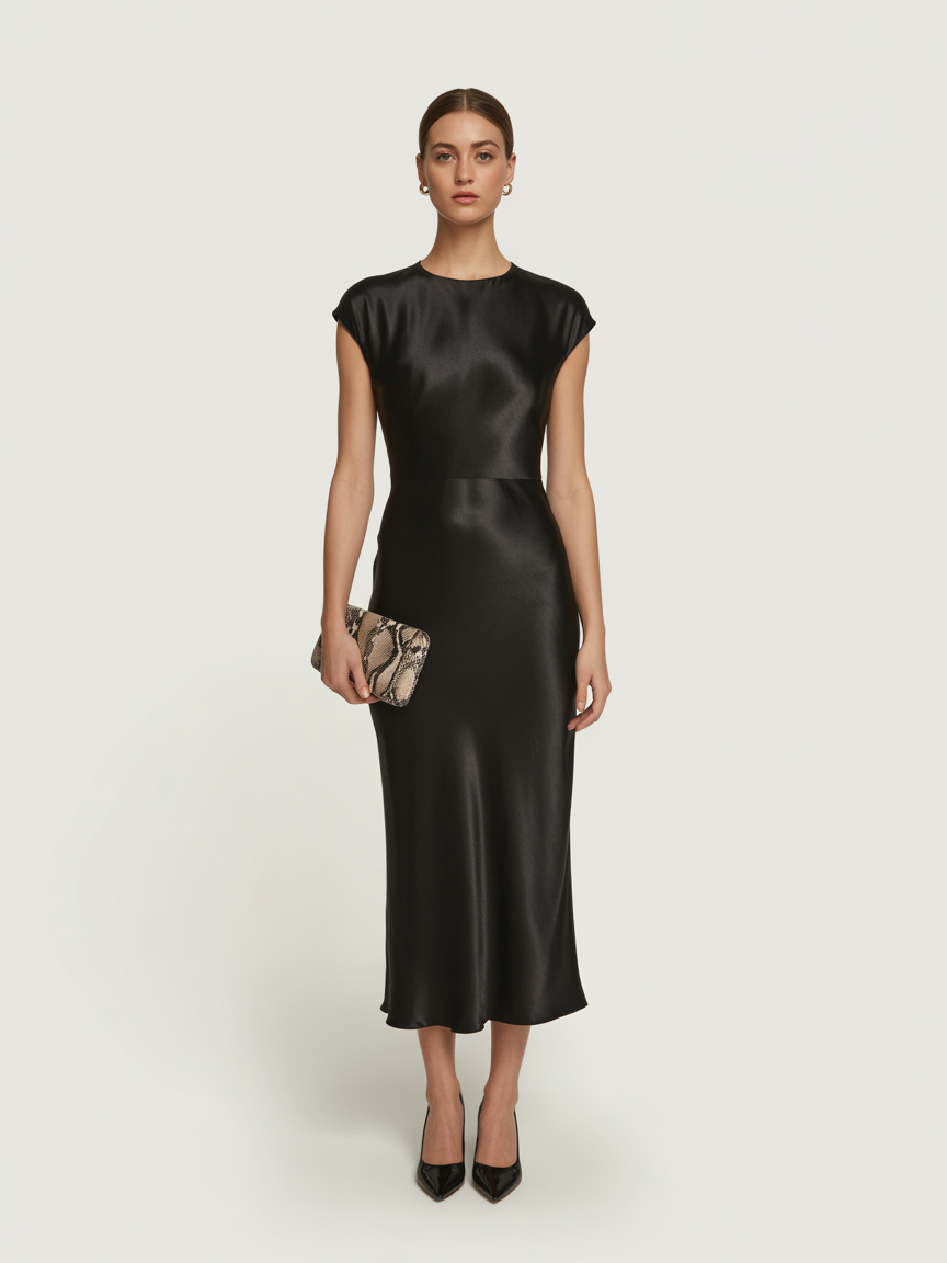 A woman stands facing forward, wearing a black satin midi dress, black heels, and holding a snakeskin-patterned clutch against a plain white background—an elegant pick for summer wedding guest dresses or chic backyard casual events.