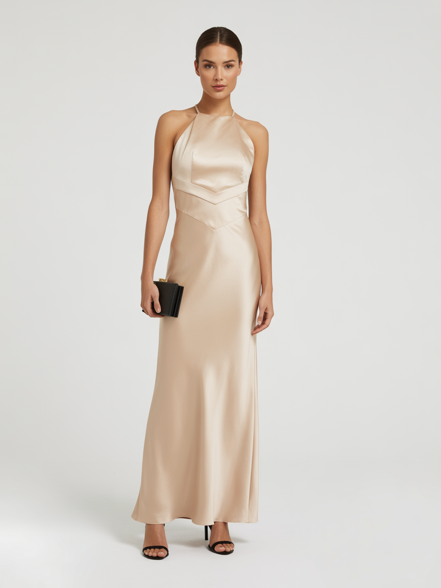 A woman stands against a plain background wearing a long, sleeveless champagne-colored satin dress—an elegant choice for Black Tie Wedding Guest Dresses—holding a black clutch and pairing the look with classic black heels.