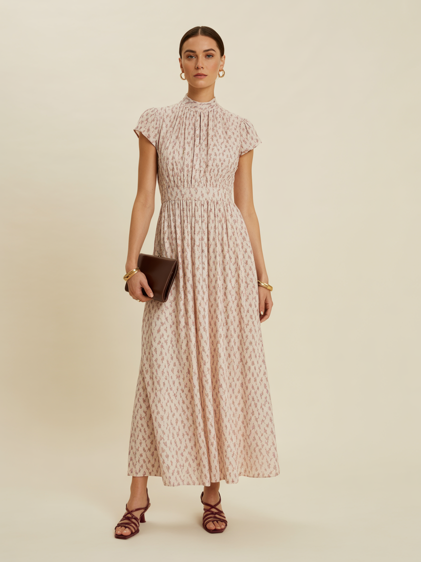 Woman stands in a long, short-sleeve, light pink printed dress with a high neck—an elegant choice for a spring wedding guest dress—holding a brown clutch, wearing sandals and gold jewelry, against a neutral background.