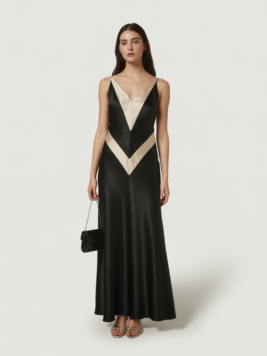 Woman wearing a long black sleeveless dress with beige V-shaped accents, holding a small black handbag—an elegant choice for Black Tie Wedding Guest Dresses—standing against a plain light background.