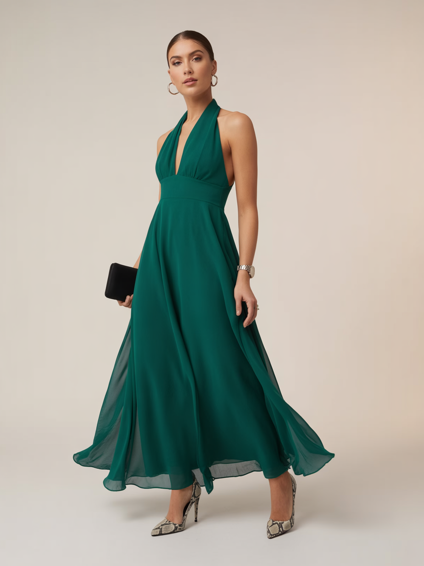 A woman in a sleeveless, deep green halter-neck evening dress—perfect for black tie or summer wedding guest dresses—holds a black clutch and wears patterned heels, standing against a plain background.