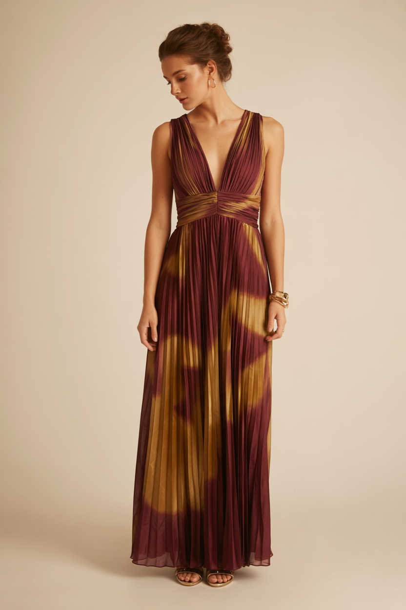 A woman wearing a sleeveless, pleated maxi dress with a deep V-neckline in a maroon and gold gradient pattern stands facing forward—perfect for backyard casual gatherings or as an elegant summer wedding guest dress.