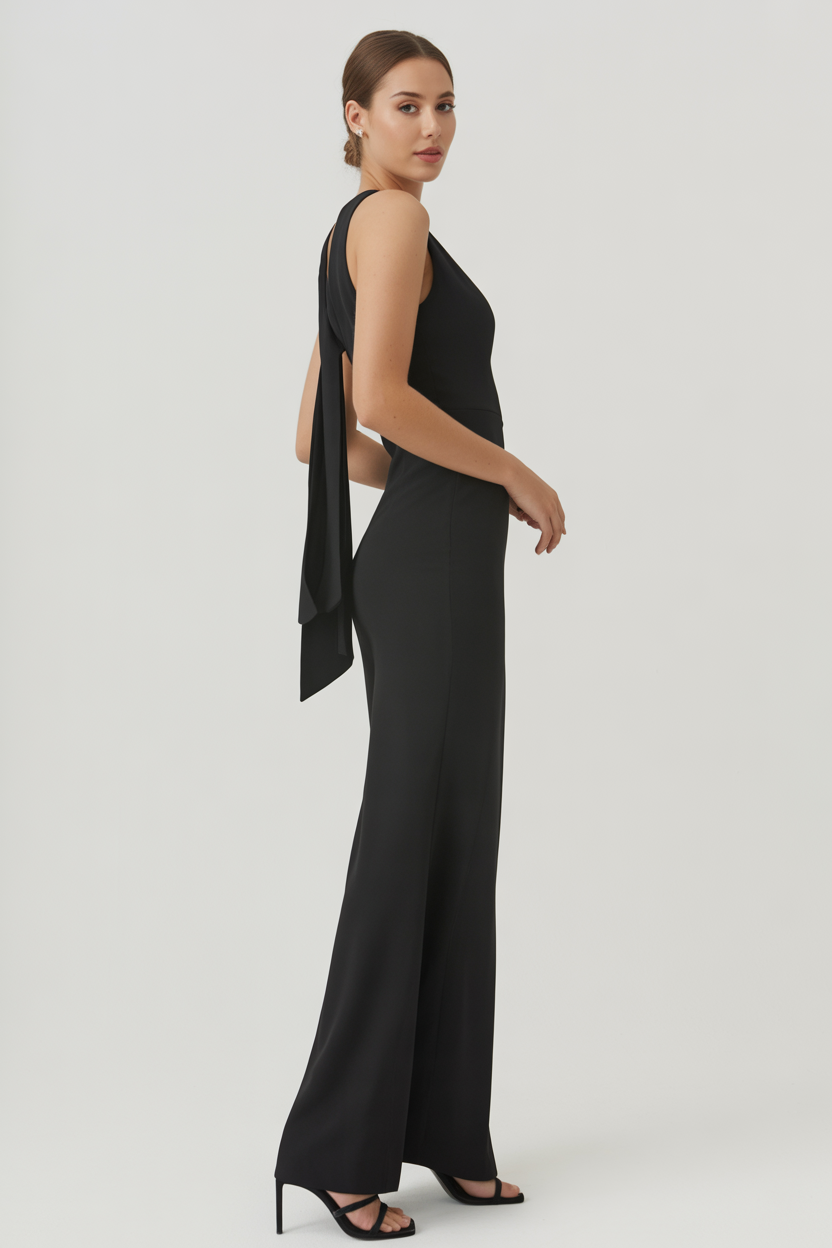 A woman stands in profile wearing a sleeveless, floor-length black tie wedding guest dress with a bow detail at the back and black high-heeled sandals against a plain white background.