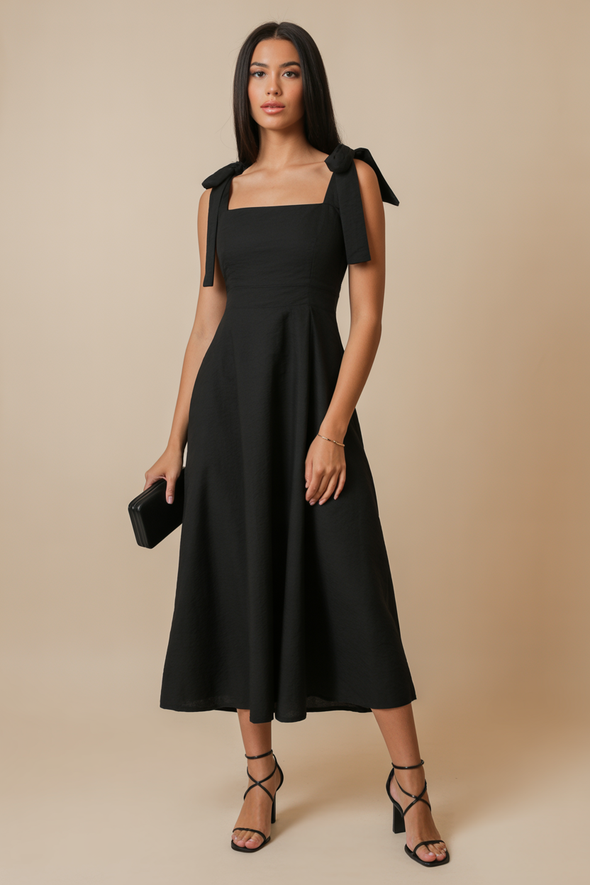 Woman in a black square-neck A-line midi dress with bow-strap shoulder details, holding a black clutch and wearing black block heels
