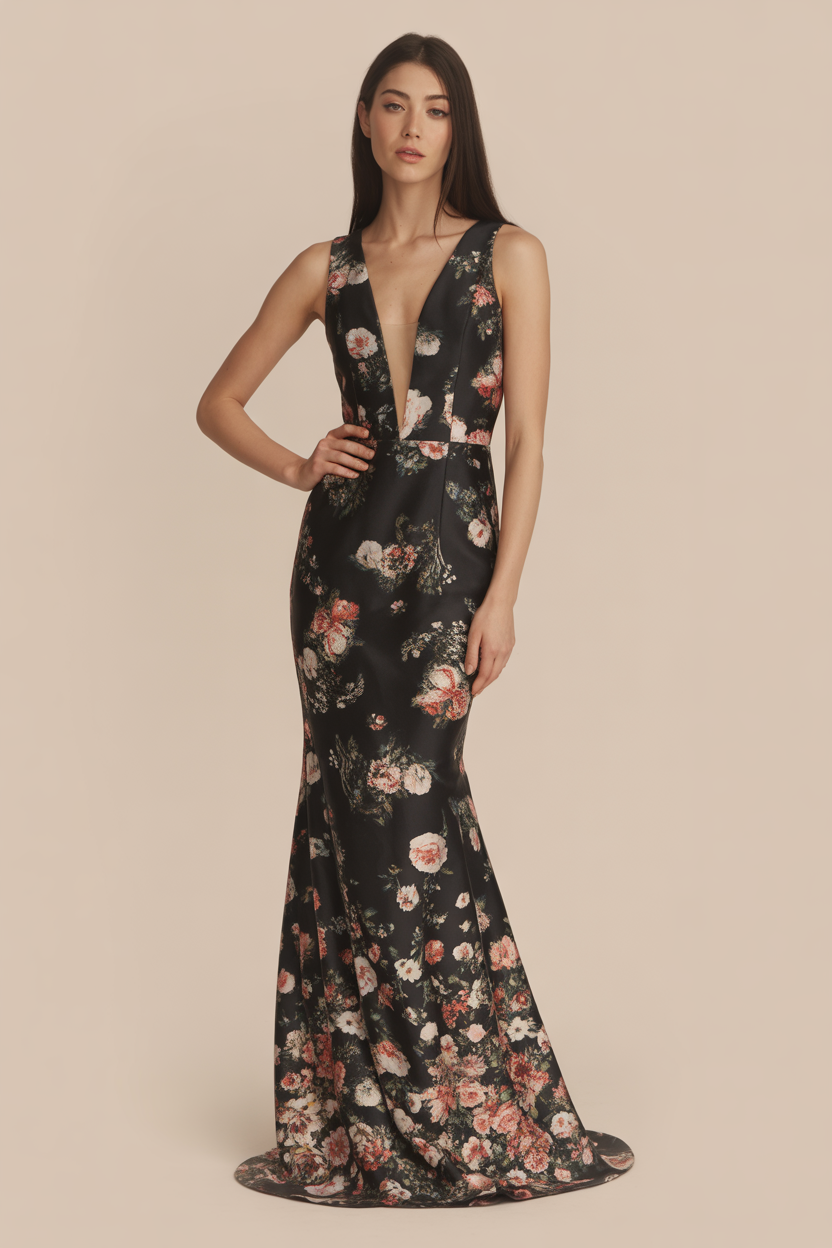 Woman wearing a sleeveless, floor-length black dress with a floral print and deep V-neckline—an elegant choice for Black Tie Wedding Guest Dresses—posing with one hand on her hip against a plain background.