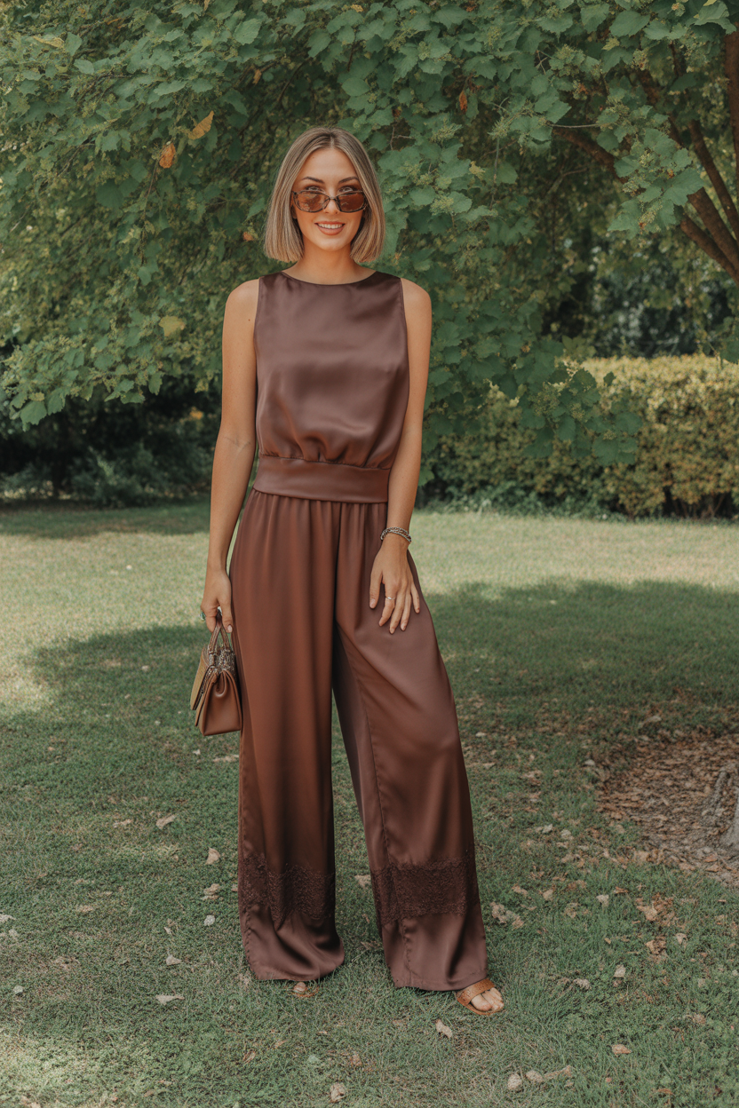 A woman stands on grass in a sleeveless brown satin jumpsuit with lace trim, holding a handbag and wearing sunglasses—perfect inspiration for photo-ready wedding guest dresses at any garden celebration. Trees and bushes complete the lovely backdrop.