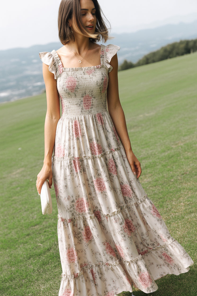 Woman in cream and pink rose-print smocked bodice tiered maxi dress with ruffle cap sleeves, holding a small clutch and standing on a green hillside meadow with mountains in the background
